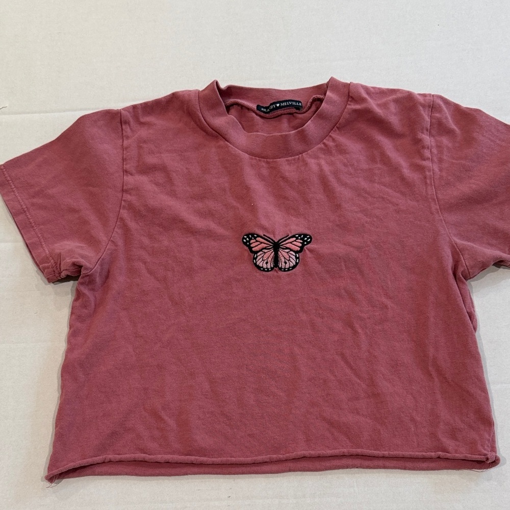 Brandy Melville Helen butterfly crop embroidered baby pink tee short sleeve